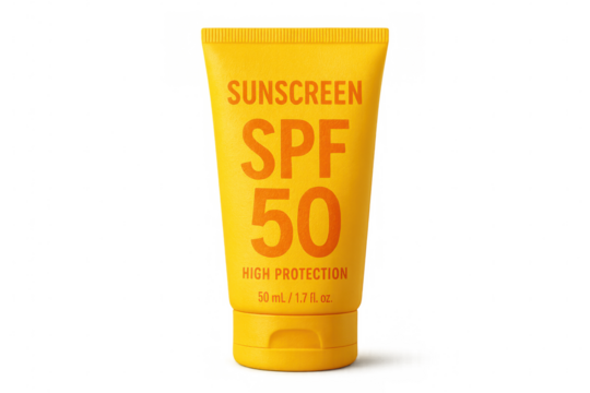 Bright yellow sunscreen tube providing spf 50 protection, shielding skin during sunny beach activities, resting on transparent background