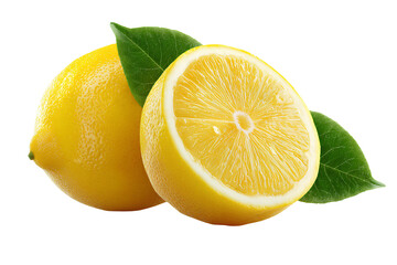 Close-Up of Half Ripe Lemon with Visible Juicy Texture and Fresh Green Leaf, Front View, Transparent Background