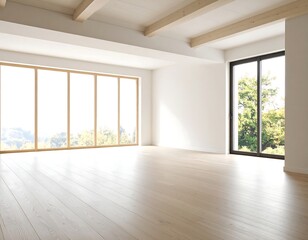 Obraz premium Light-filled empty room with wood floors, large windows showcasing a scenic view, and exposed wooden beams on the ceiling