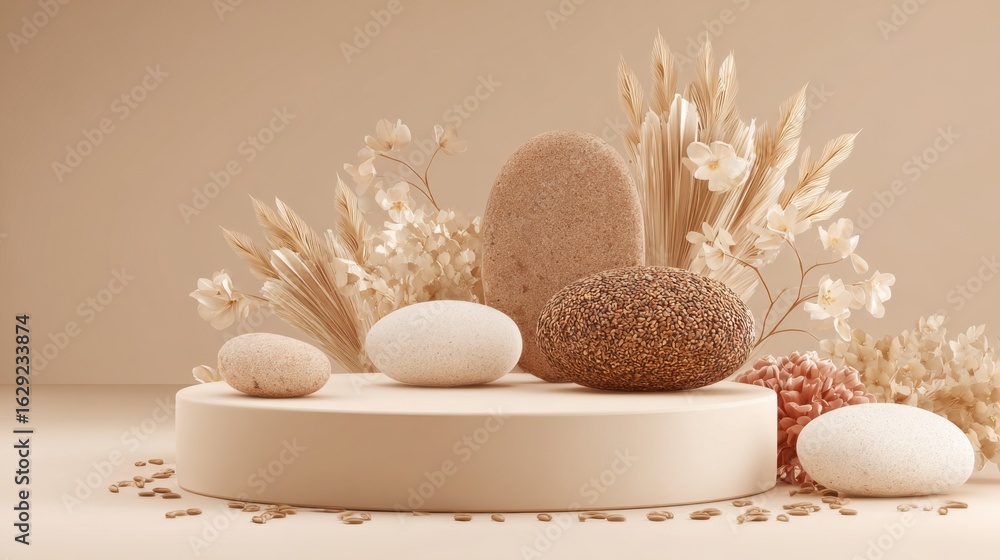 Aufkleber a collection of smooth stones in various sizes is displayed on a neutral round platform, surrounded 