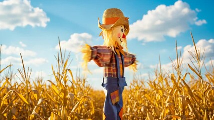 Cheerful scarecrow standing in golden cornfield under blue sky - Powered by Adobe
