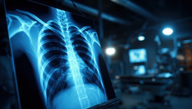 Luminous blue chest X-ray on a monitor, focused for medical diagnosis in a dark, modern clinic.