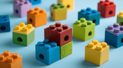 Building Colorful Toy Blocks on Blue Background
