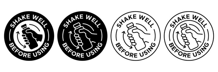 Shake well before using icon set. Shake well before using label product, sign, logo, badge, icons, sticker, symbol, black, circle, line, flat vector, isolated illustration. Shaking Bottle with hand.