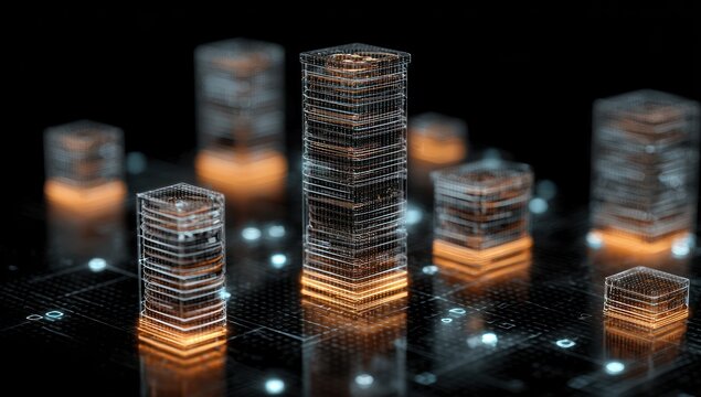 Luminous Data Towers: Holographic Skyscrapers on a Futuristic Circuit Board