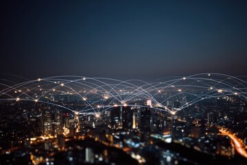 Luminous Digital Network Arcs Connecting a Sprawling Metropolis at Night