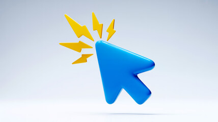3D bright blue cursor clicking, yellow rays, white background, isolated
