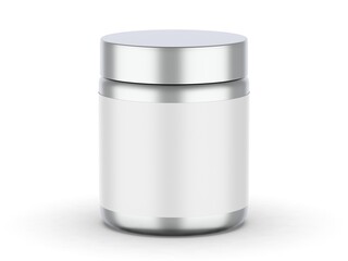 Metallic jar with white label on isolated white background, 3d illustration.
