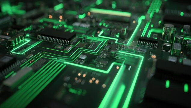 Luminous Green Data Pathways Pulsing Across a Futuristic Circuit Board