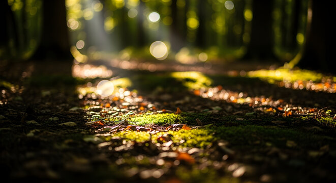 Sunlight dances through the tranquil forest floor, illuminating mossy ground in a serene natural scene