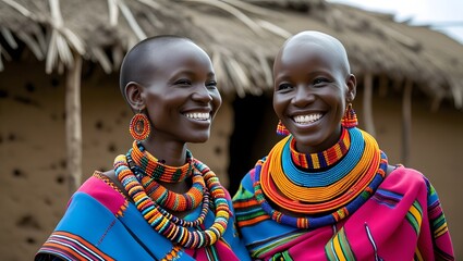 Close-Up Portrait of Two Smiling Maasai Women with Traditional Beadwork