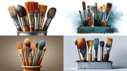 Collage of artistic paintbrushes in various containers, displaying texture and colors