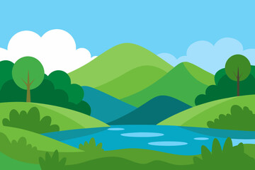 Obraz premium Vibrant cartoon landscape with rolling green hills and a blue lake