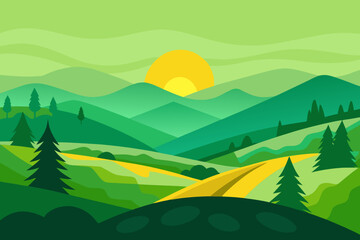 Obraz premium Stylized green rolling hills landscape with a bright sun rising