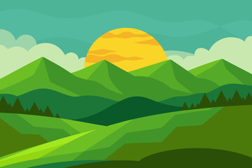 Fototapeta premium Stylized green mountain landscape with a bright sun rising
