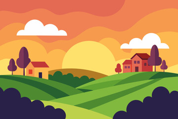Stylized landscape with rolling green hills houses and a sunset sky © Rashada