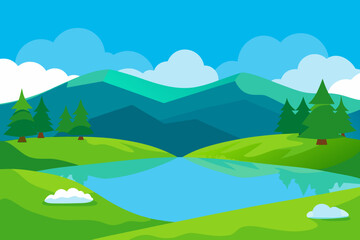 Obraz premium Peaceful mountain landscape with a calm lake and green hills