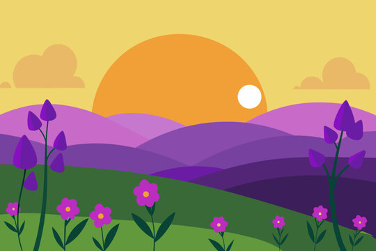 Stylized landscape with rolling purple hills and blooming flowers at sunset