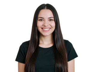 Beautiful young Hispanic woman in black t-shirt looking confidently at camera, isolated on transparent background with copy space