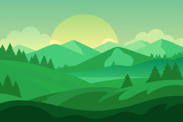 Stylized green mountain landscape with a sunrise