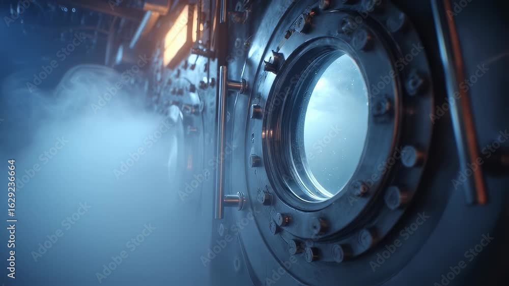 Aufkleber smoke filling an industrial room featuring a large round window with bolts and a control panel, crea