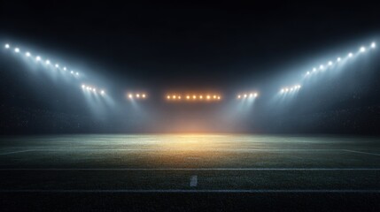 The stadium is filled with powerful lights shining brightly on the pristine football field, creating a dramatic atmosphere perfect for an evening match.
