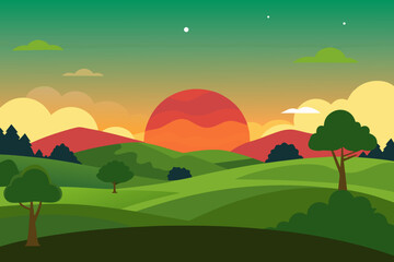 Obraz premium Vibrant sunset over rolling green hills with stylized trees and clouds