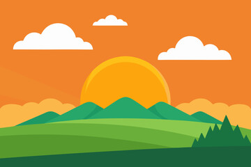 Obraz premium Vibrant flat design landscape with sun and mountains