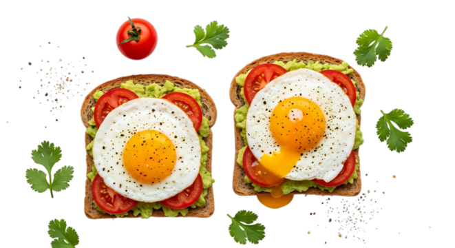 Two avocado toast with fried eggs and tomatoes on black background breakfast Vector illustration of isolated on a transparent background