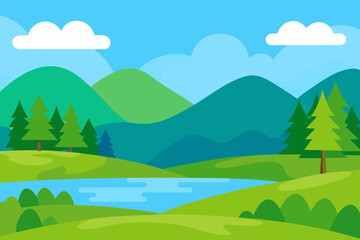 Obraz premium Vibrant flat design landscape with rolling hills and a serene lake