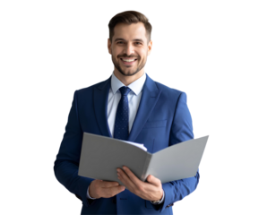 Confident executive manager smiling and holding open folder, ready for business presentation, isolated on transparent background