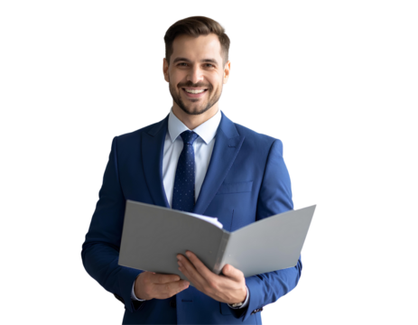 Confident executive manager smiling and holding open folder, ready for business presentation, isolated on transparent background