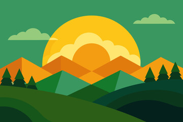 Stylized flat design landscape with sun setting behind mountains and trees