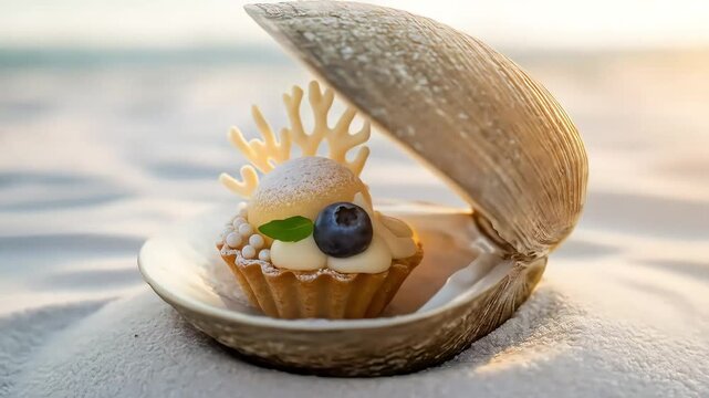 Dessert in Open Clam Shell on White Sand at Sunset