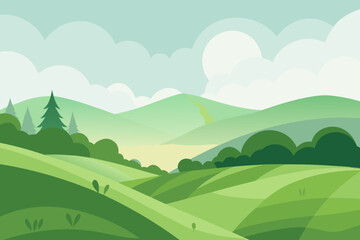 Stylized green rolling hills and trees under a cloudy sky