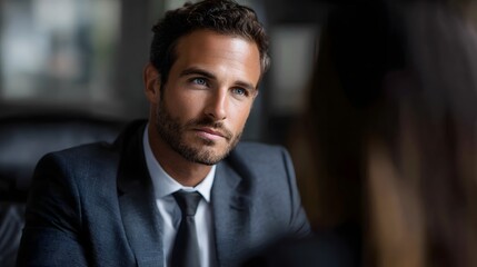 Fototapeta premium A lawyer consulting with a client in an office setting long title A well dressed focused and professional looking lawyer is deeply engaged in a