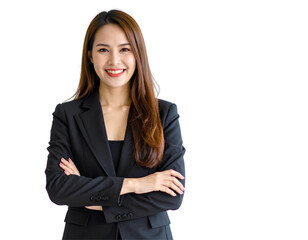 Confident businesswoman in formal suit with arms crossed and pleasant smile, isolated on transparent background