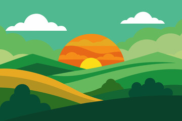 Fototapeta premium Stylized landscape with rolling green hills and a vibrant sunset