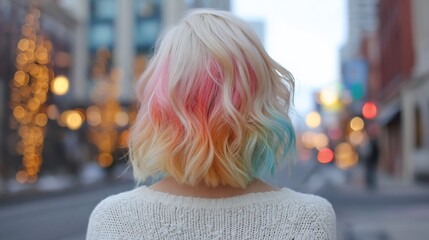 Back view of a woman with colorful, wavy hair in a city street