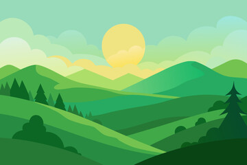Obraz premium Serene green rolling hills and mountains under a pastel sky with a bright sun