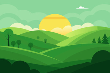 Obraz premium Stylized green rolling hills landscape with a bright sun and clouds