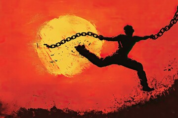 Silhouette of a man breaking chains with raised arms against a sunset sky background, a concept for freedom and a liberated lifestyle.
