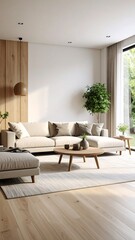 Light-filled living room with sectional sofa, coffee table, and wood accents