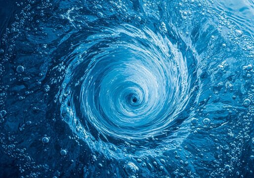 Dynamic blue water vortex with swirling bubbles