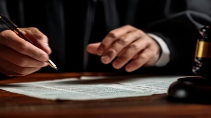 Overtheshoulder shot of a judge highlighting notes and statutes emphasizing meticulous examination before delivering a court verdict.
