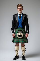 A Man with Light Brown Hair Posing in a Traditional Kilt