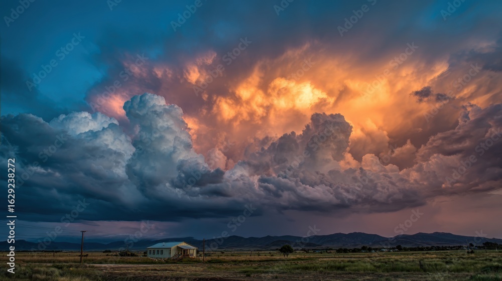 Aufkleber vibrant clouds swirl in dynamic colors as the sun sets over a rural area. a lone building rests in t