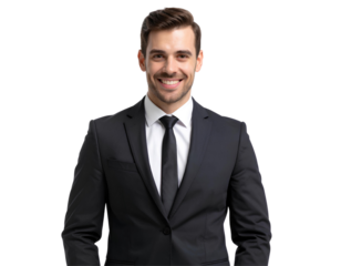Portrait of a handsome businessman in formal suit with a friendly smile, isolated on transparent background