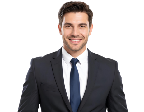 Portrait of a handsome businessman in formal suit with a friendly smile, isolated on transparent background