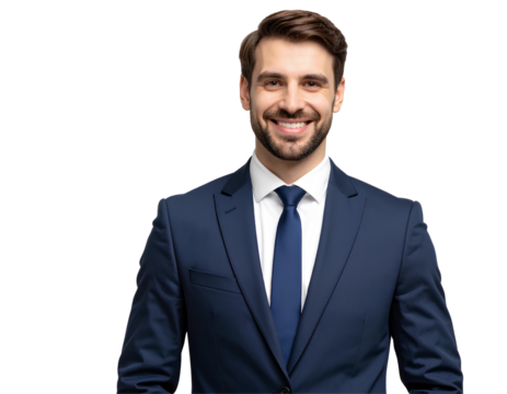 Portrait of a handsome businessman in formal suit with a friendly smile, isolated on transparent background